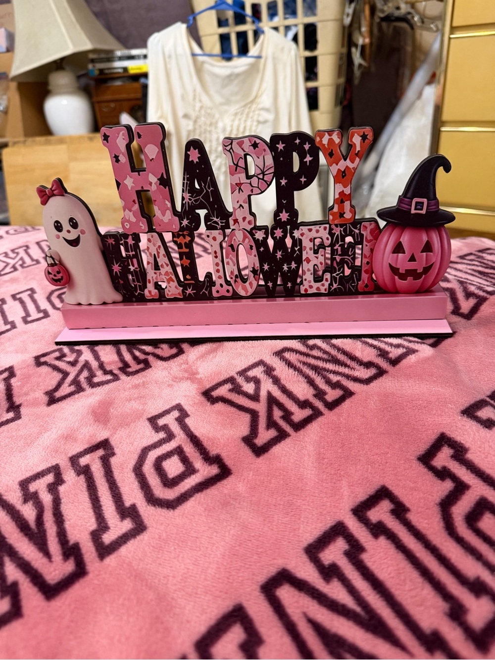 Pink Happy Halloween Table Sign - Festive Pink Home Party Decor